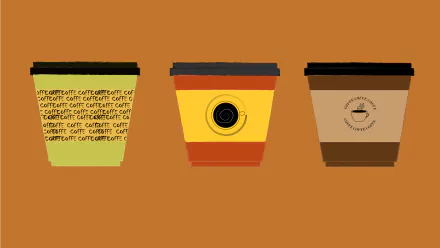 8K Ultra HD PC Desktop Wallpaper of three stylized coffee cups in warm tones on an orange background, highlighting food and coffee themes.