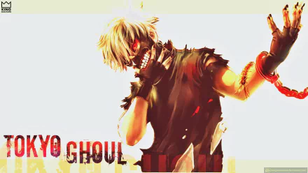 HD desktop wallpaper featuring Ken Kaneki from the anime Tokyo Ghoul, showcasing his iconic white hair and mask in a dynamic pose with a dark, intense atmosphere.