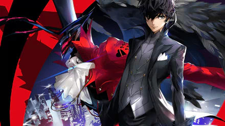 HD desktop wallpaper featuring Joker from the video game Persona 5. The dynamic artwork displays Joker in front of a vibrant cityscape with striking colors and elements.