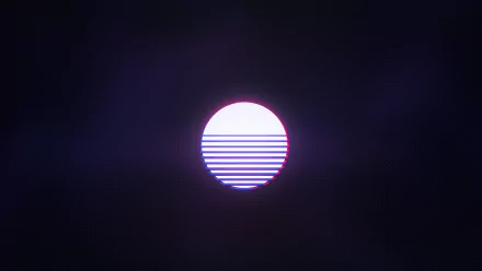 A HD desktop wallpaper featuring an Outrun and synthwave-inspired artistic depiction of a retro wave sun, glowing against a dark background with a grid-like pattern within the sun.