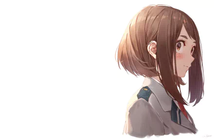 HD PC desktop wallpaper of Ochaco Uraraka from My Hero Academia, soft side-profile anime portrait against a clean white background.