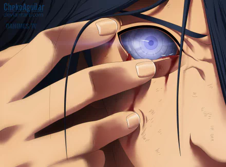 Close-up of Madara Uchiha from Naruto anime, revealing his distinctive eye with intricate details, rendered in HD for a striking PC desktop wallpaper background.