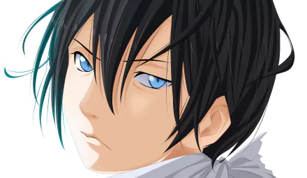 HD anime desktop wallpaper featuring Yato from Noragami, showcasing his striking blue eyes and black hair in vibrant detail.