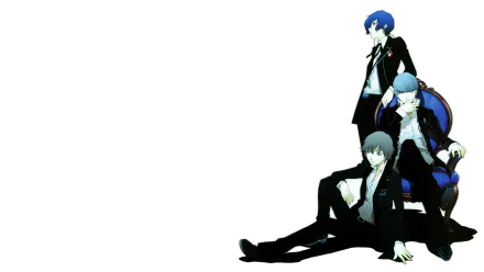 HD PC desktop wallpaper of video game Persona protagonists Minato Arisato and Yu Narukami in black suits posed on the right against a white background.