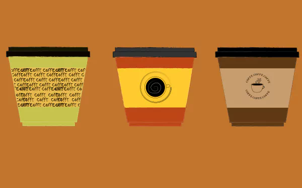 8K Ultra HD PC Desktop Wallpaper of three stylized coffee cups in warm tones on an orange background, highlighting food and coffee themes.