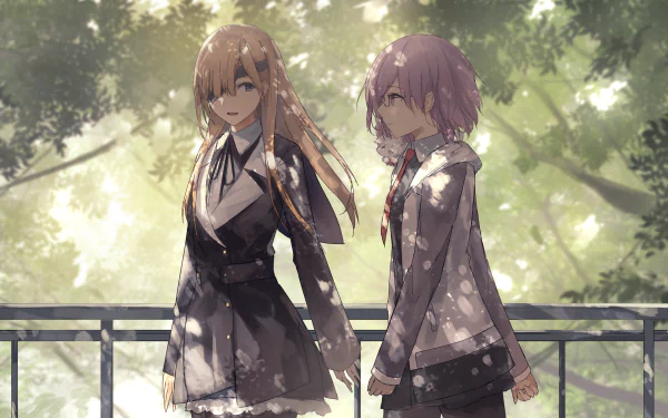 HD desktop wallpaper featuring anime characters Ophelia Phamrsolone, Mashu Kyrielight, and Fou from Fate/Grand Order standing together in a serene, sunlit forest setting.