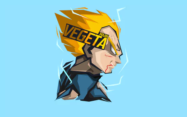Stylized 8K Ultra HD Dragon Ball Z wallpaper featuring Vegeta with spiked golden hair and electric blue energy on a light blue background.