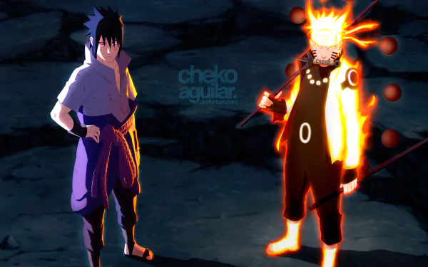 4K Ultra HD desktop wallpaper featuring anime characters Sasuke Uchiha and Naruto Uzumaki from Naruto, showcasing their iconic poses and contrasting powers.
