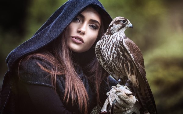 Women Model Bird Falcon Brunette Blue Eyes HD Wallpaper | Background Image
