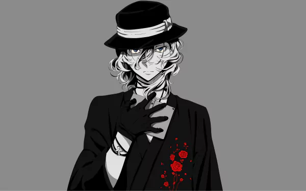 Chuuya Nakahara from the anime Bungou Stray Dogs, depicted in a stylish pose with a rose motif, serves as an engaging 4K Ultra HD desktop wallpaper.