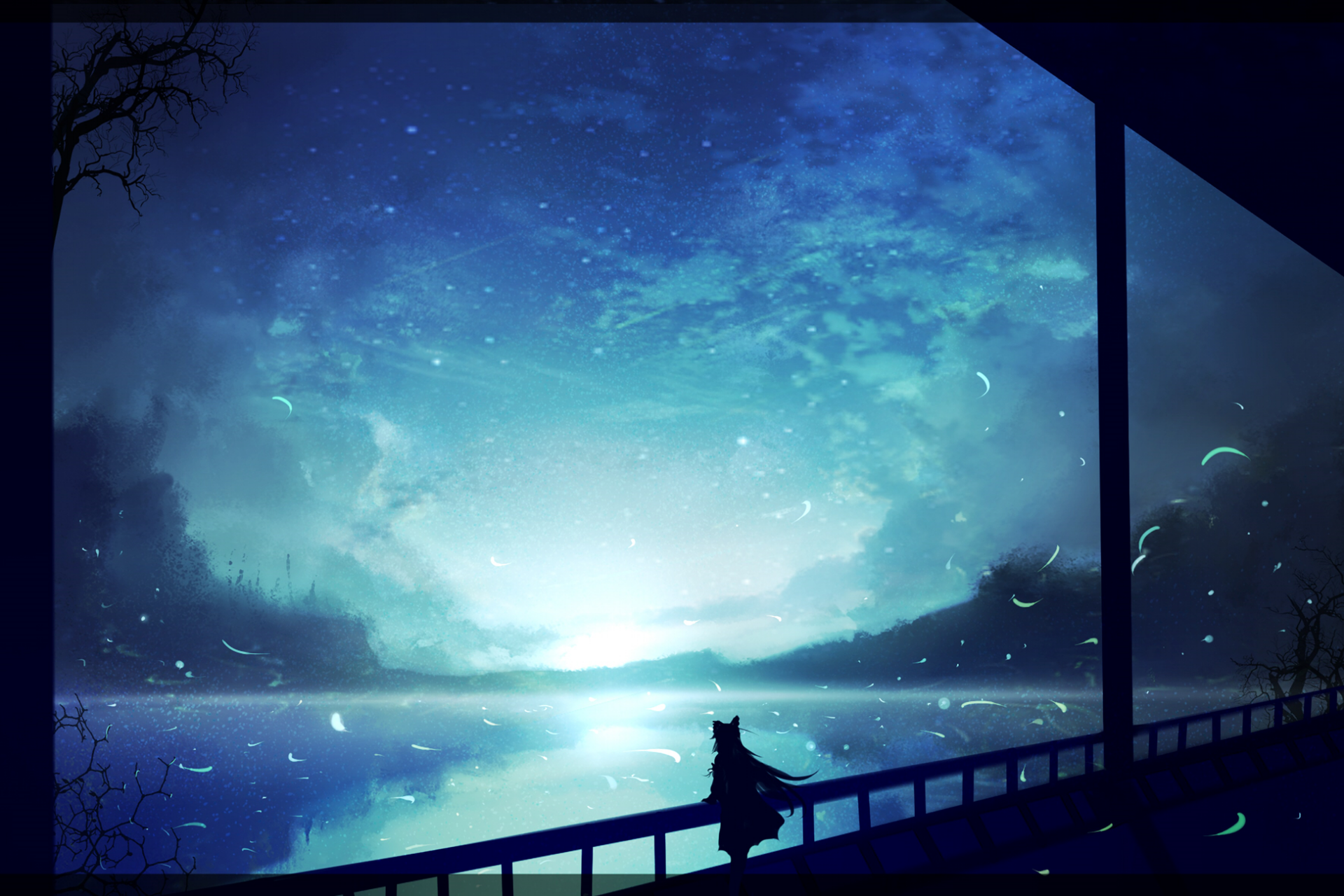 HD PC desktop wallpaper featuring Reimu Hakurei from the Touhou anime series, silhouetted against a serene, starry lakeside night sky.