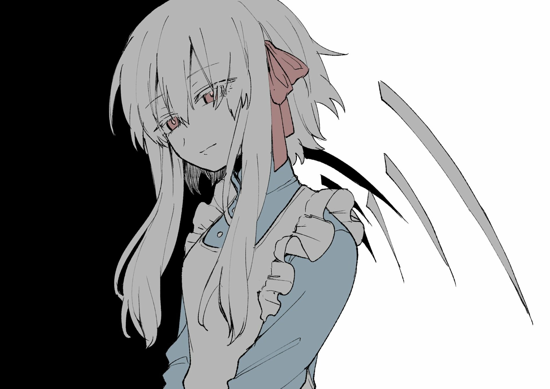 HD PC desktop wallpaper of Marry Kozakura from the Kagerou Project, anime-style portrait: pale hair, red eyes, red ribbon and ruffled blue dress on a stark black-and-white background.