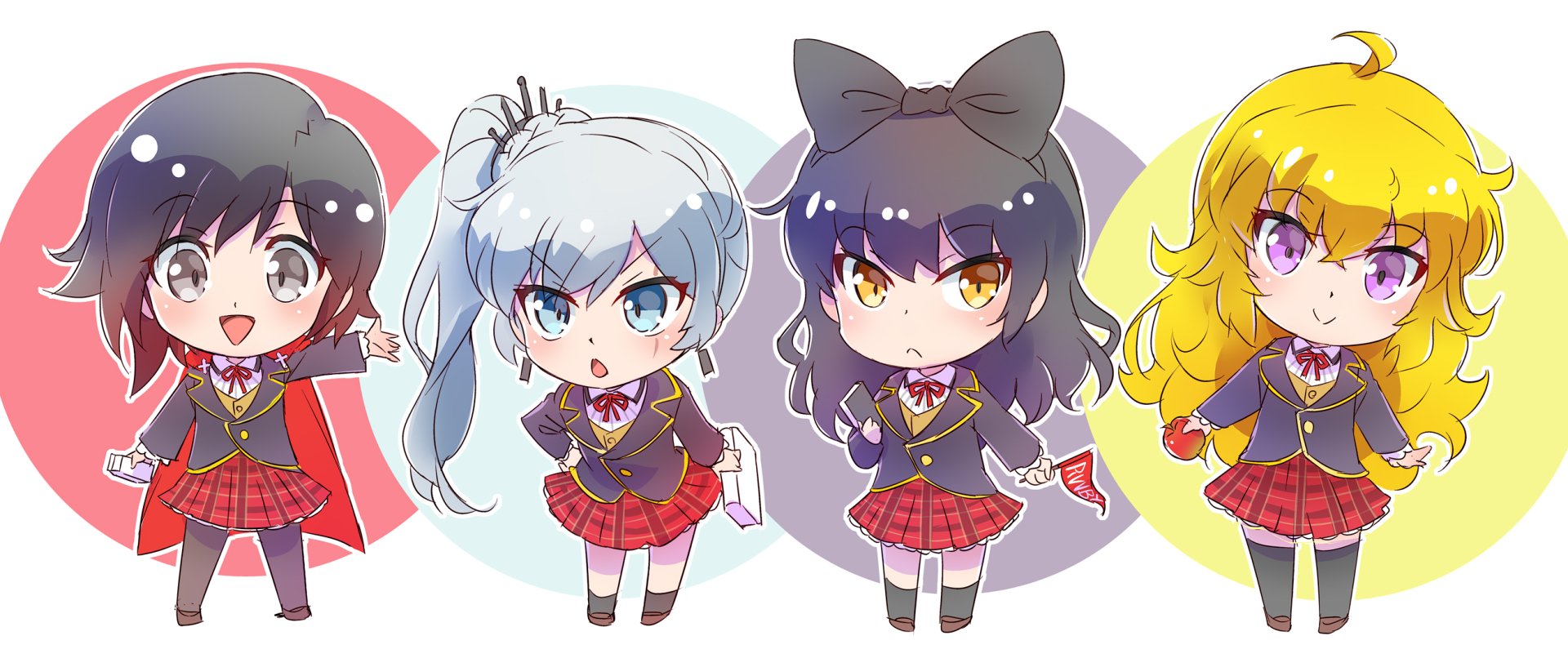 Chibi-style RWBY characters Ruby Rose, Weiss Schnee, Blake Belladonna, and Yang Xiao Long in anime school uniforms on a colorful HD desktop wallpaper.