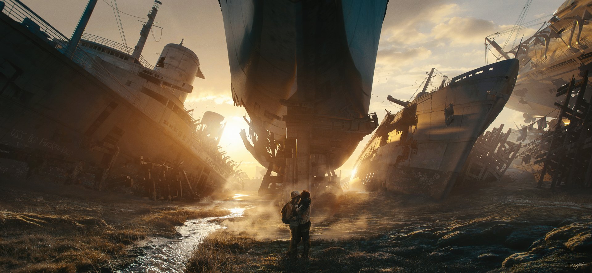Download Wreck Sunset Ship Romantic Love Kiss Sci Fi Post Apocalyptic HD Wallpaper by Bastien Grivet