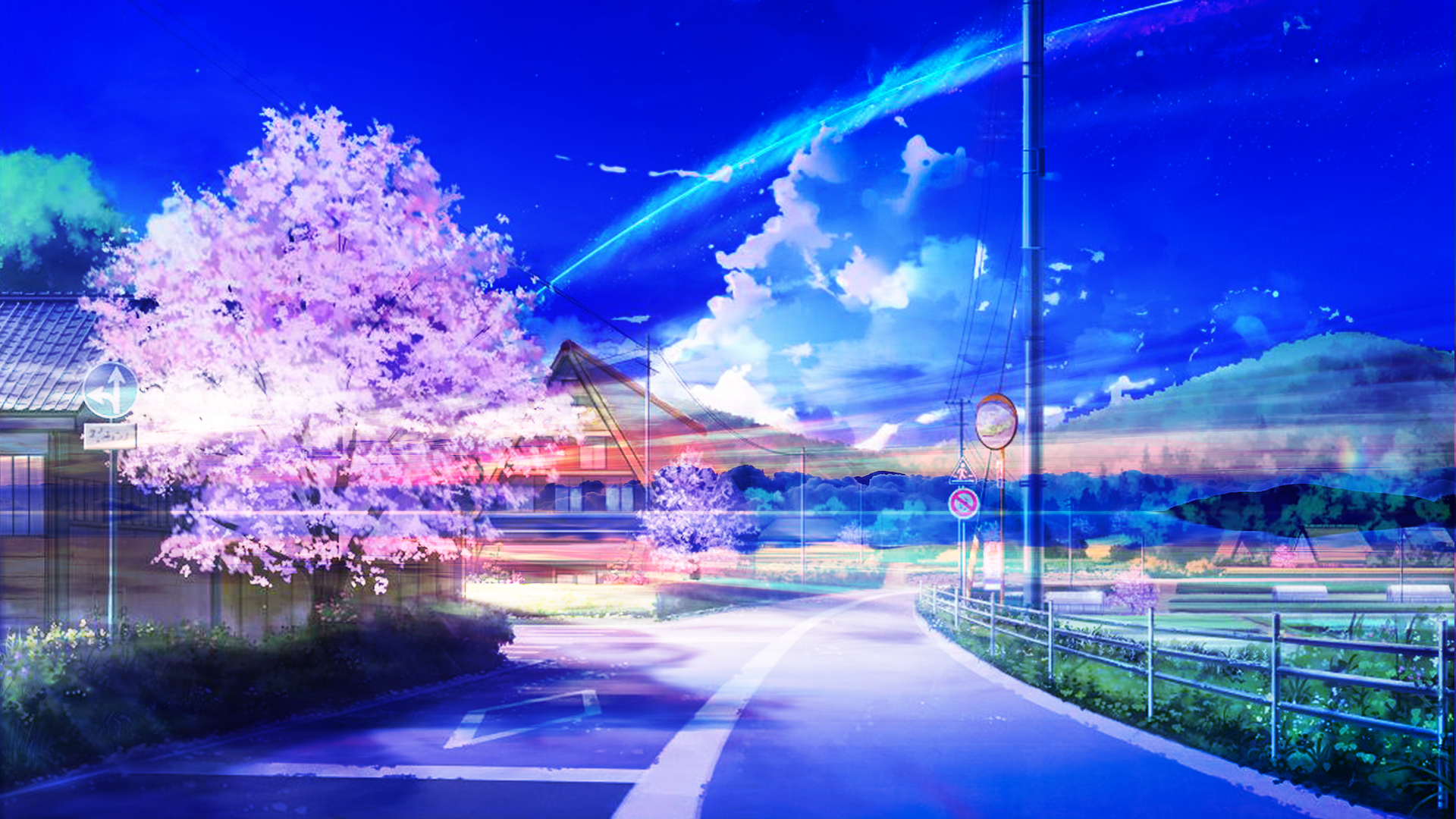Anime-inspired HD wallpaper featuring a tranquil fantasy scene with sakura trees and a shooting star illuminating the night sky above a quiet road.