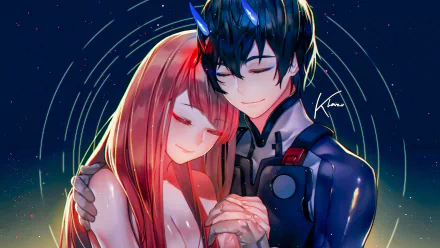 HD desktop wallpaper featuring Hiro and Zero Two from Darling in the FranXX, depicted in an intimate embrace under a starry sky.
