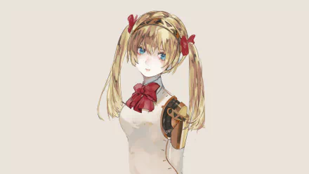 Aigis from Persona 3, anime-style HD PC desktop wallpaper: twin-tailed android with red bows, exposed mechanical shoulder and a soft beige background.