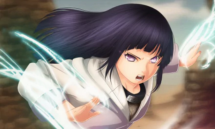 HD anime desktop wallpaper featuring Hinata Hyuga from Naruto, depicted in dynamic action with glowing chakra effects and intense expression.
