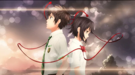 HD PC desktop wallpaper of Taki Tachibana and Mitsuha Miyamizu from the anime Your Name, standing back-to-back with a red thread linking them against a dreamy bokeh sky