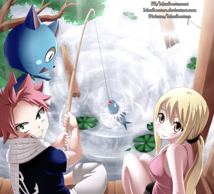 Anime HD wallpaper featuring Fairy Tail characters Natsu Dragneel, Lucy Heartfilia, and Happy fishing by a pond, surrounded by nature for a vibrant PC desktop background.