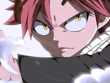 Natsu Dragneel (Fairy Tail) close-up anime portrait: fierce yellow eyes, pink hair and glowing flames — 2K Quad HD PC desktop wallpaper and background.