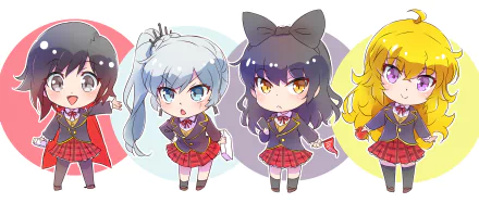 Chibi-style RWBY characters Ruby Rose, Weiss Schnee, Blake Belladonna, and Yang Xiao Long in anime school uniforms on a colorful HD desktop wallpaper.