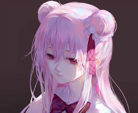 HD anime desktop wallpaper featuring Satō Matsuzaka from Happy Sugar Life with soft pink hair and a contemplative expression against a dark background.