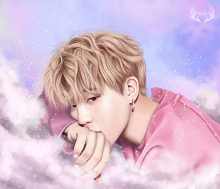 HD desktop wallpaper featuring a stylized illustration of BTS member Park Ji-min in a pink shirt, set against a dreamy, cloud-like background.