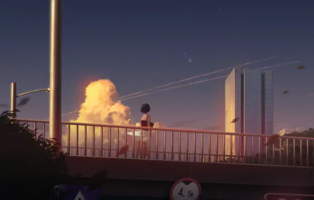 Anime-style HD desktop wallpaper showing a short black-haired character standing on a bridge at sunset, with dramatic clouds and cityscape elements in the background.