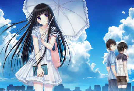 HD PC desktop wallpaper and background: original anime girl with long black hair and purple eyes in a white dress holding a parasol, two figures and a city skyline beneath a bright blue sky.