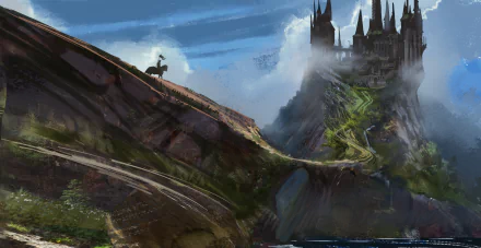 A knight on horseback stands atop a rocky hill, overlooking a misty landscape with a majestic castle in the distance. A stunning 4K Ultra HD fantasy wallpaper.