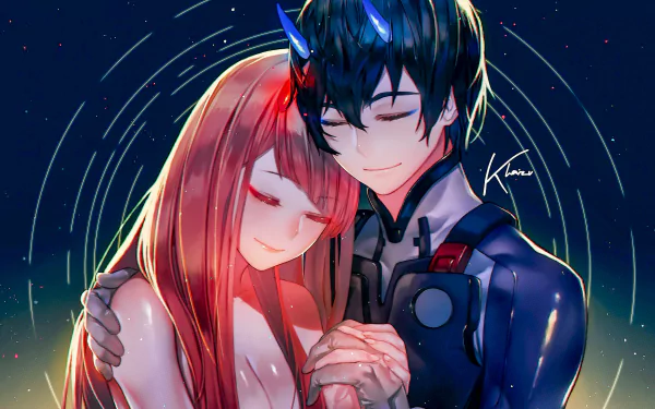 HD desktop wallpaper featuring Hiro and Zero Two from Darling in the FranXX, depicted in an intimate embrace under a starry sky.