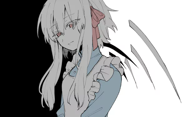 HD PC desktop wallpaper of Marry Kozakura from the Kagerou Project, anime-style portrait: pale hair, red eyes, red ribbon and ruffled blue dress on a stark black-and-white background.