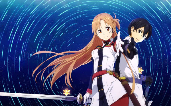 Kazuto Kirigaya (Kirito) and Asuna Yuuki from Sword Art Online Movie: Ordinal Scale stand ready with swords against a swirling starry night sky in this 8K Ultra HD anime wallpaper.