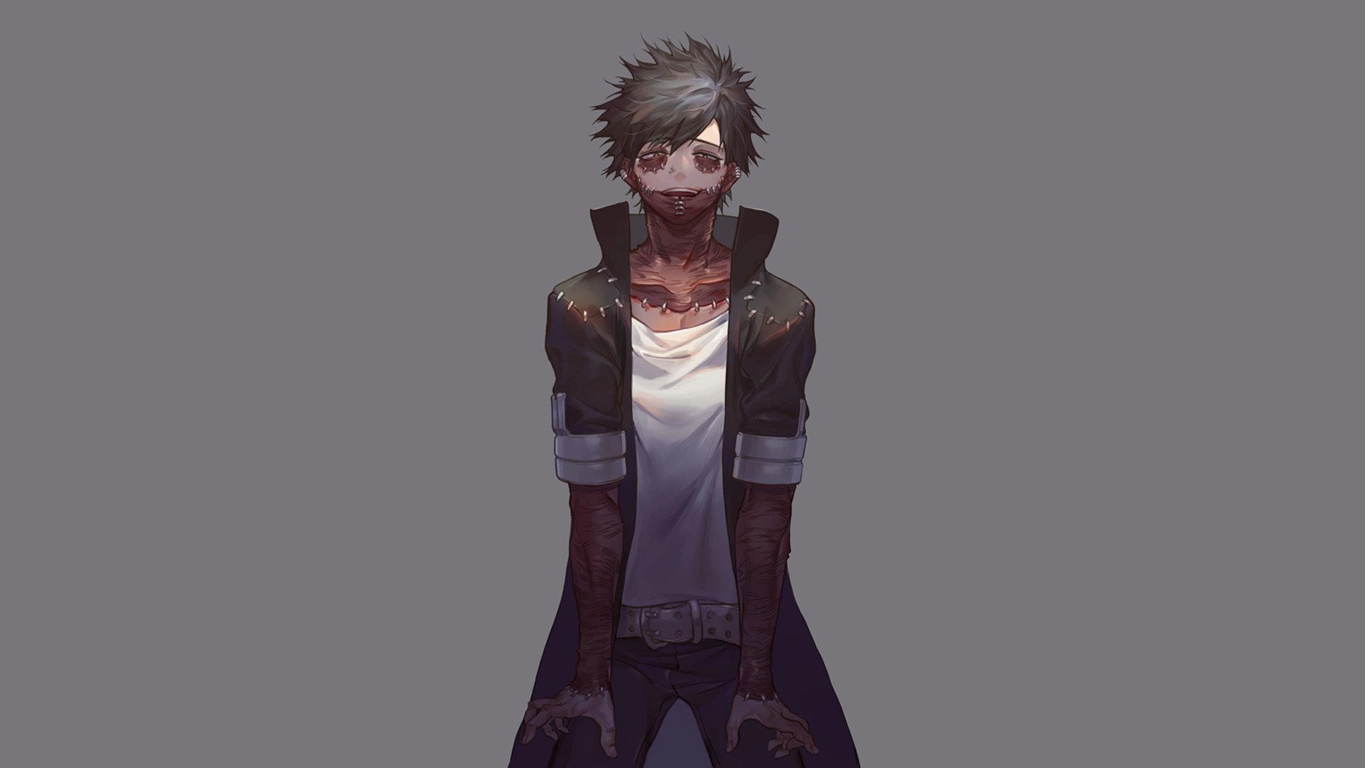 HD anime wallpaper featuring Dabi from My Hero Academia with black hair and prominent scars, set against a plain gray background.