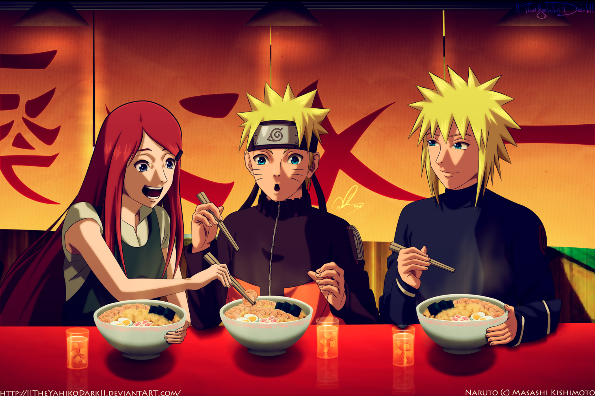 HD anime desktop wallpaper featuring Kushina Uzumaki, Naruto Uzumaki, and Minato Namikaze enjoying ramen together from the Naruto series.