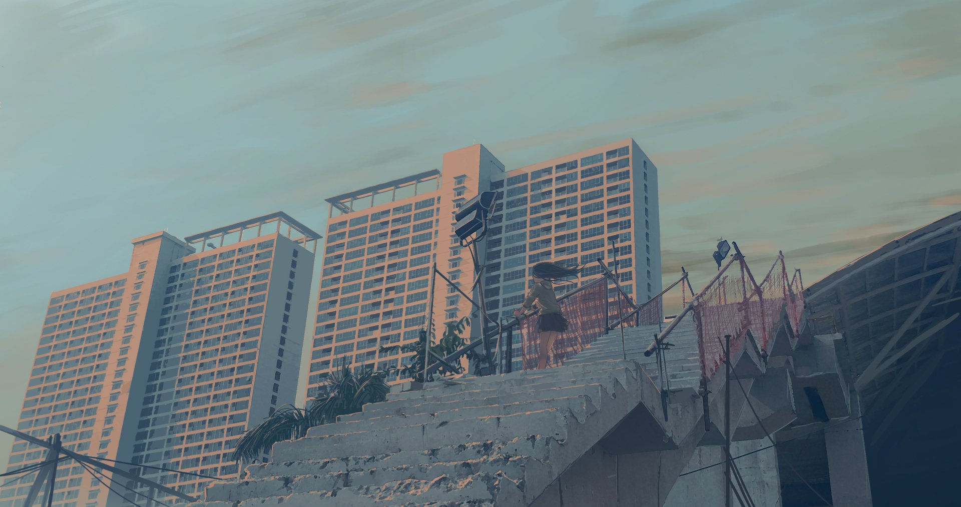 HD desktop wallpaper of an original anime scene depicting a person standing on shattered concrete stairs with high-rise buildings in the background under a blue sky.