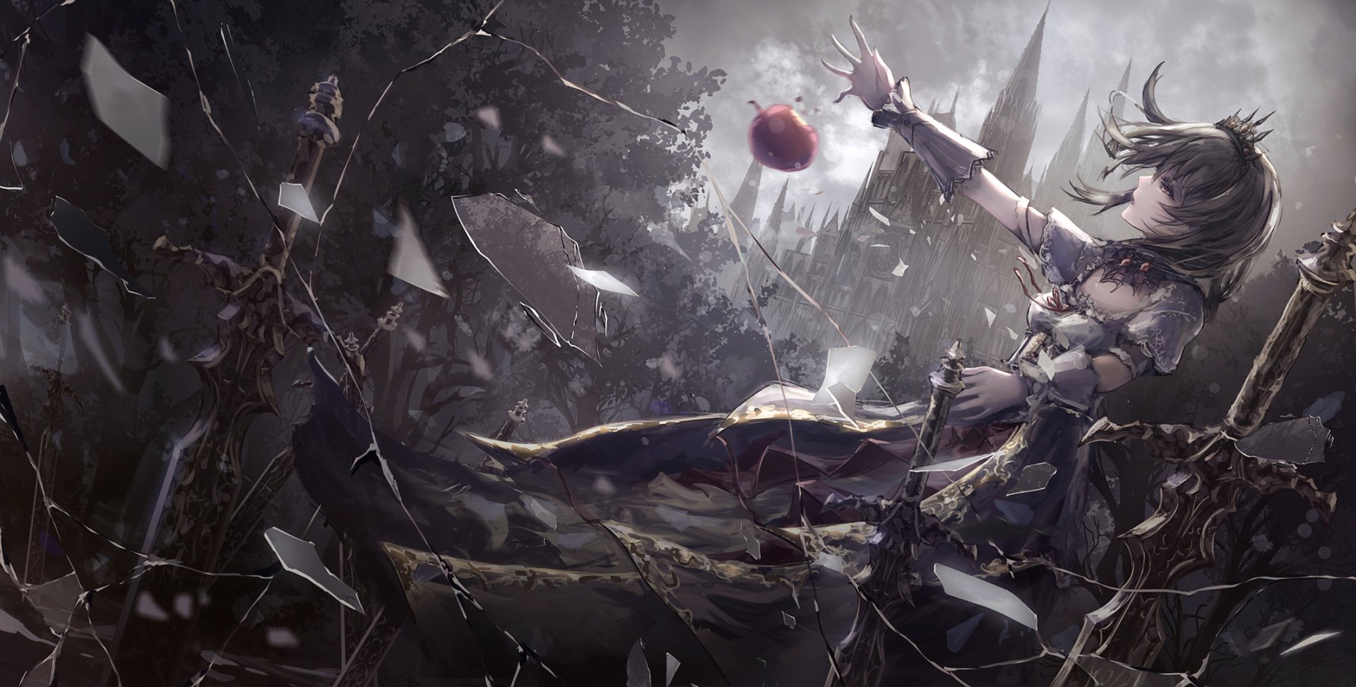 An original, high-definition anime wallpaper, featuring an evocative scene with a character reaching out for a red apple amidst a dramatic background.