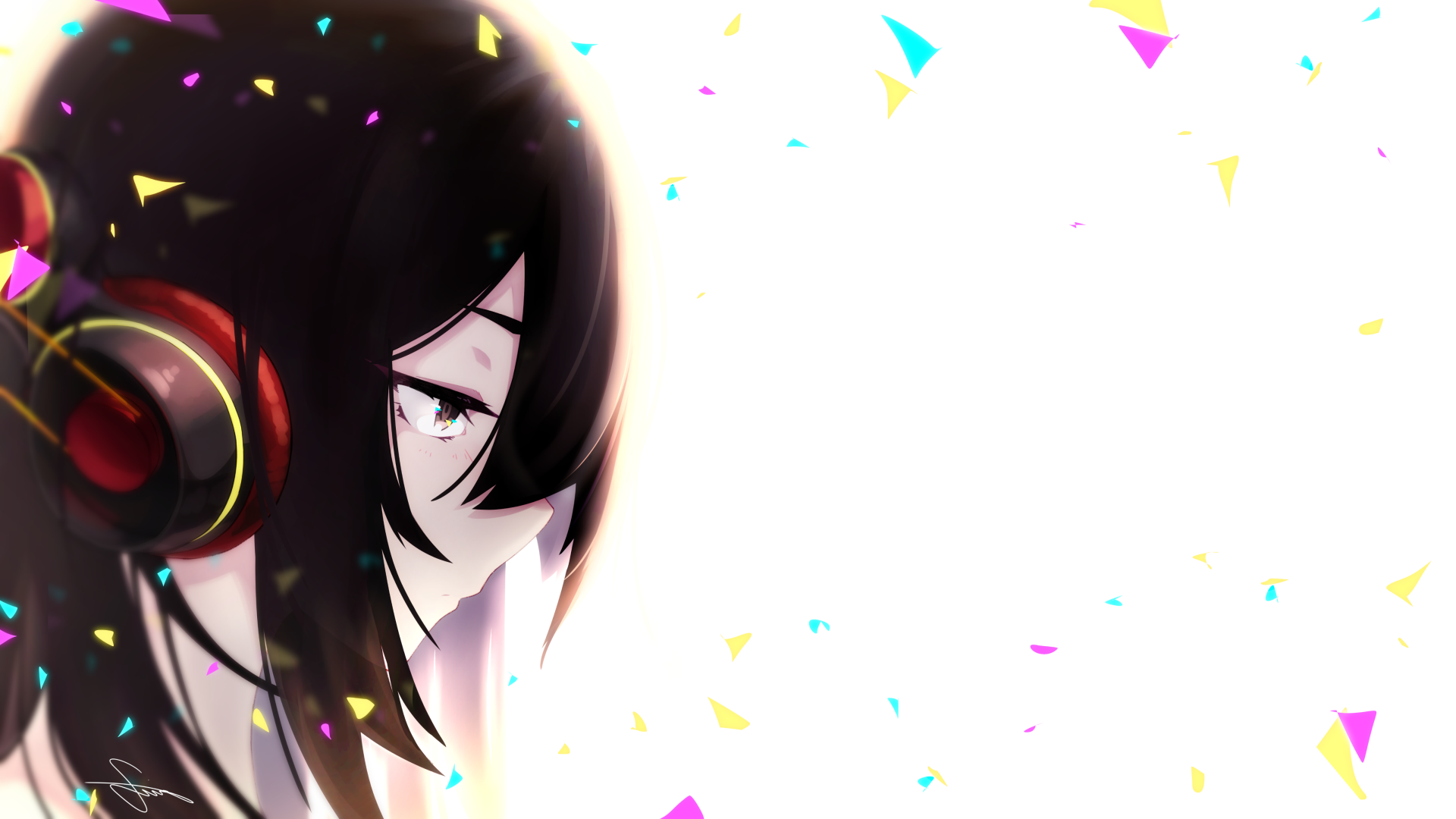 Anime-style character with brown hair wearing headphones, set against a bright background with colorful confetti, rendered in 4K Ultra HD for PC desktop wallpaper.