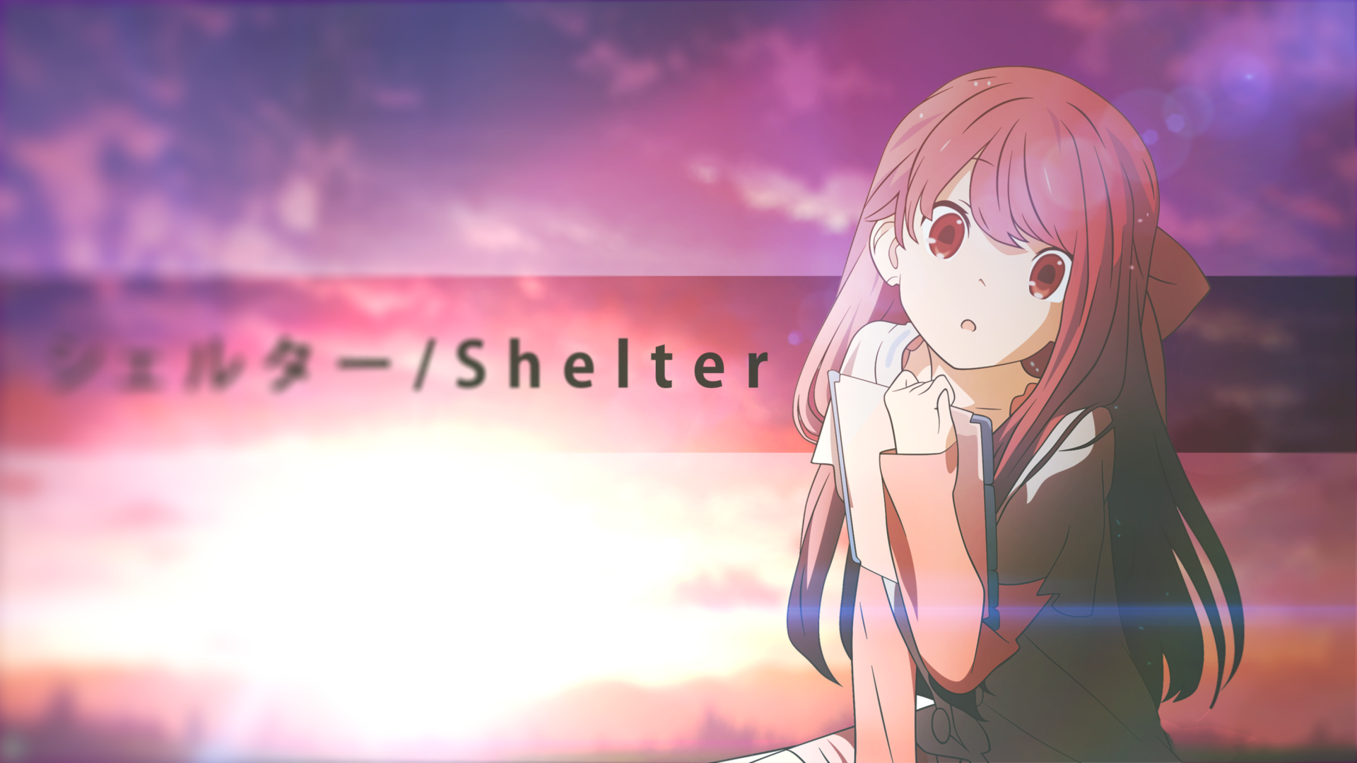 HD PC desktop wallpaper featuring an anime girl from Shelter with a soft pink and purple sky background, blending emotional and serene tones.