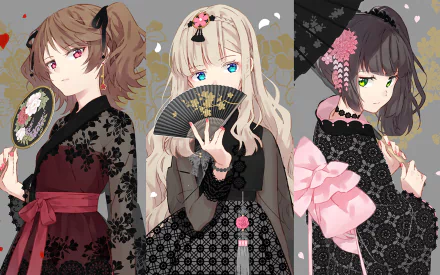 HD anime desktop wallpaper featuring three original characters in black kimonos with colorful eyes, holding fans and an umbrella, set against a subtle decorative background.
