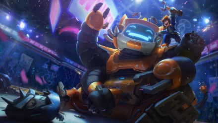 Nunu from League of Legends rides a large, futuristic robot in a vibrant, dynamic 8K Ultra HD video game desktop wallpaper.