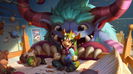 8K Ultra HD League of Legends wallpaper featuring Nunu and his Yeti in a playful, colorful video game scene.