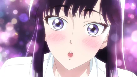 HD anime desktop wallpaper of Akira Tachibana from After the Rain, featuring her with wide, sparkling eyes and a soft blush against a glowing purple background.