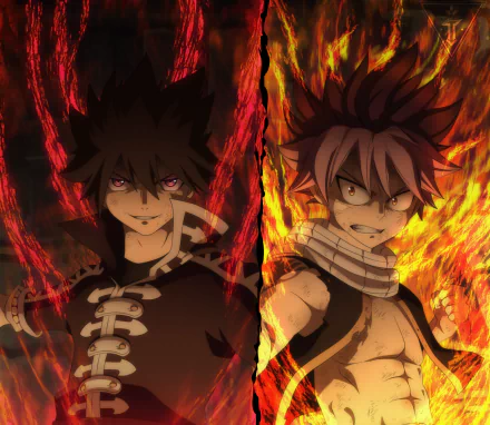 HD desktop wallpaper featuring Zeref Dragneel and Natsu Dragneel from the anime Fairy Tail, set against a fiery background.