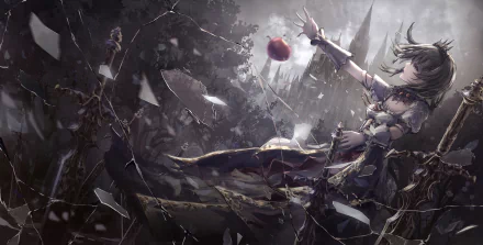 An original, high-definition anime wallpaper, featuring an evocative scene with a character reaching out for a red apple amidst a dramatic background.