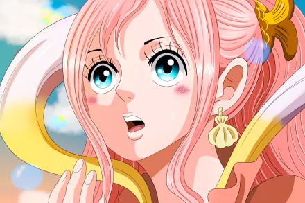 4K Ultra HD anime wallpaper featuring Shirahoshi, the mermaid princess from One Piece, with wide blue eyes and flowing pink hair against a bright sky background.