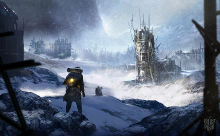 HD PC desktop wallpaper featuring a snowy, dystopian landscape from the video game Frostpunk, with a lone figure braving the icy wilderness near a towering structure.