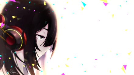 Anime-style character with brown hair wearing headphones, set against a bright background with colorful confetti, rendered in 4K Ultra HD for PC desktop wallpaper.