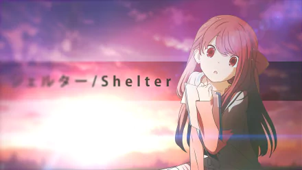 HD PC desktop wallpaper featuring an anime girl from Shelter with a soft pink and purple sky background, blending emotional and serene tones.